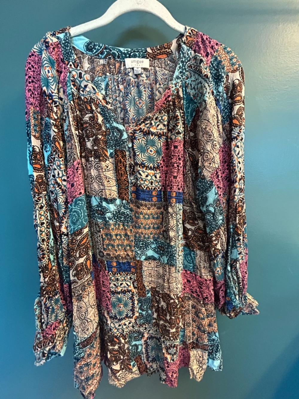 Umgee Multicolor Boho Paisley V-Neck Top - Teal, Peach, Navy